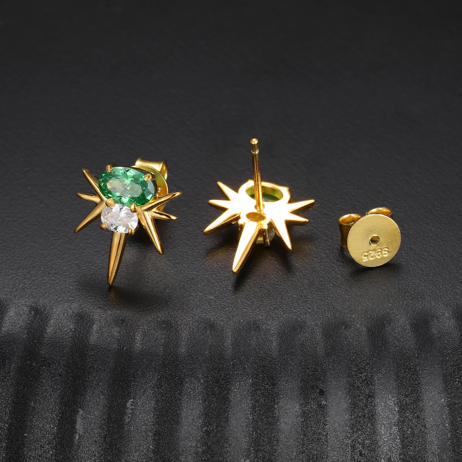 MOISSANITE DIAMOND GREEN CZ OVAL BEE-STING STUD EARRINGS IN STERLING SILVER - Image 4