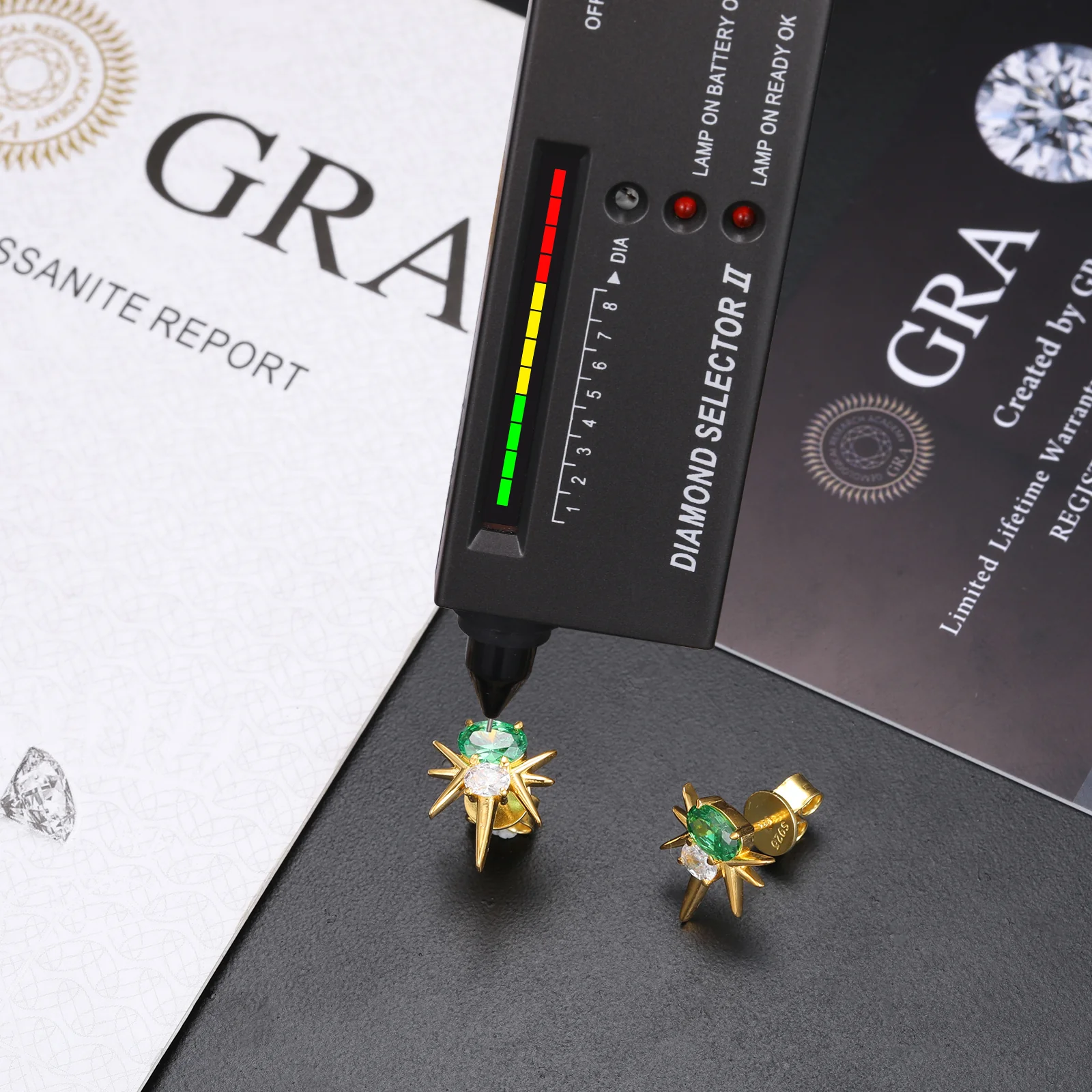 MOISSANITE DIAMOND GREEN CZ OVAL BEE-STING STUD EARRINGS IN STERLING SILVER - Image 5