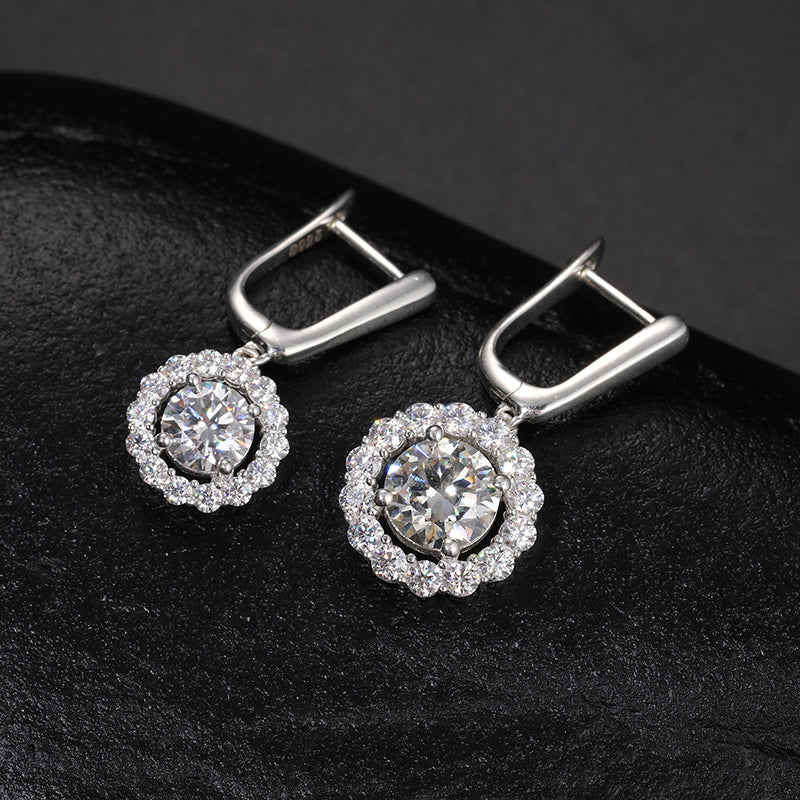 MOISSANITE DIAMOND HALO DROP EARRINGS IN STERLING SILVER - Image 2