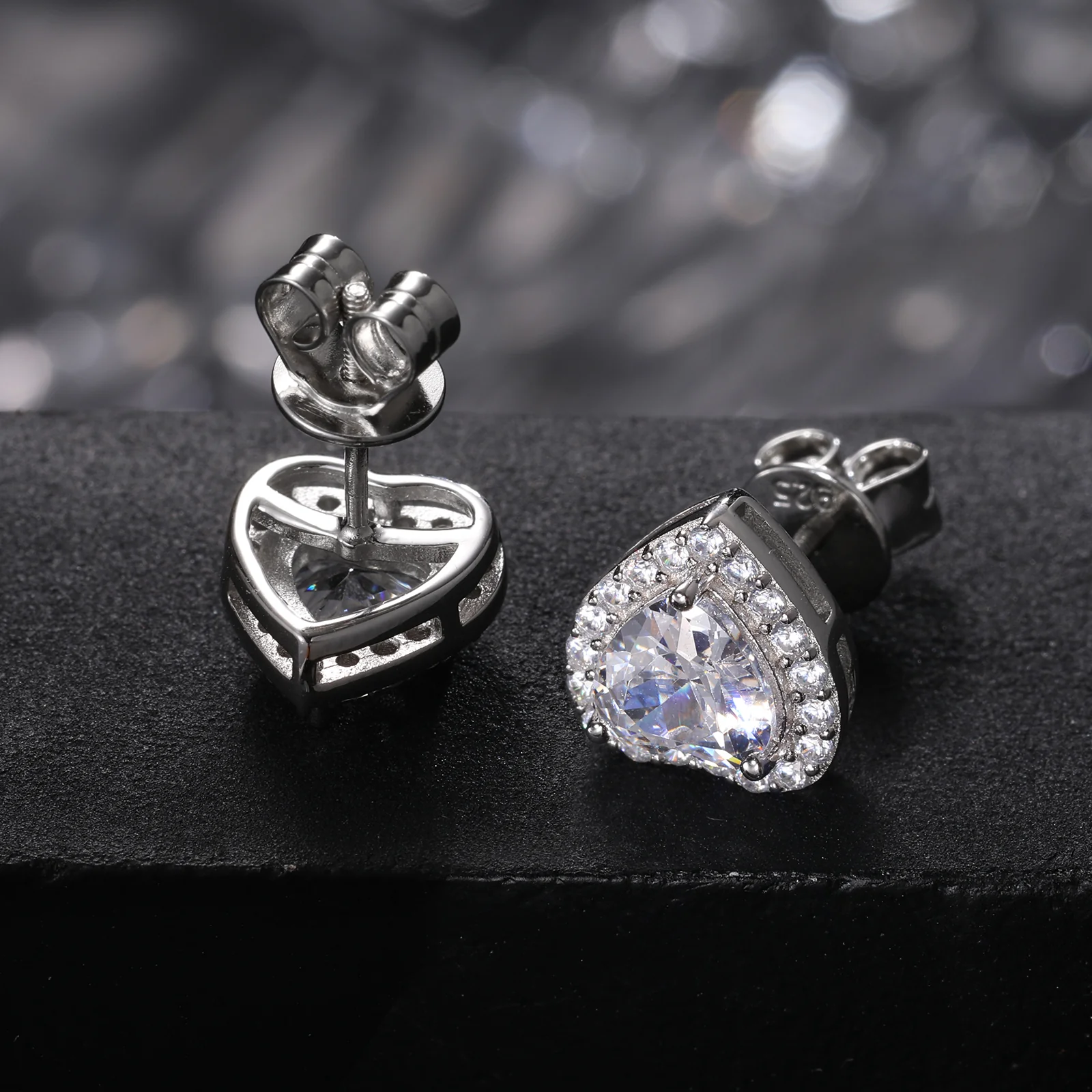 MOISSANITE DIAMOND HALO HEART CUT STUD EARRINGS IN STERLING SILVER - Image 3