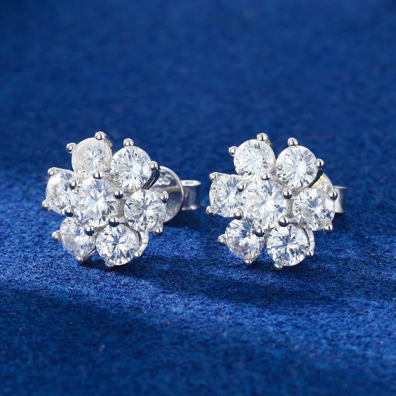 MOISSANITE DIAMOND HALO STYLE FLOWER CLUSTER EARRINGS IN STERLING SILVER - Image 2