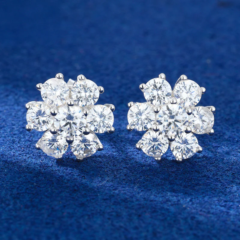 MOISSANITE DIAMOND HALO STYLE FLOWER CLUSTER EARRINGS IN STERLING SILVER - Image 4