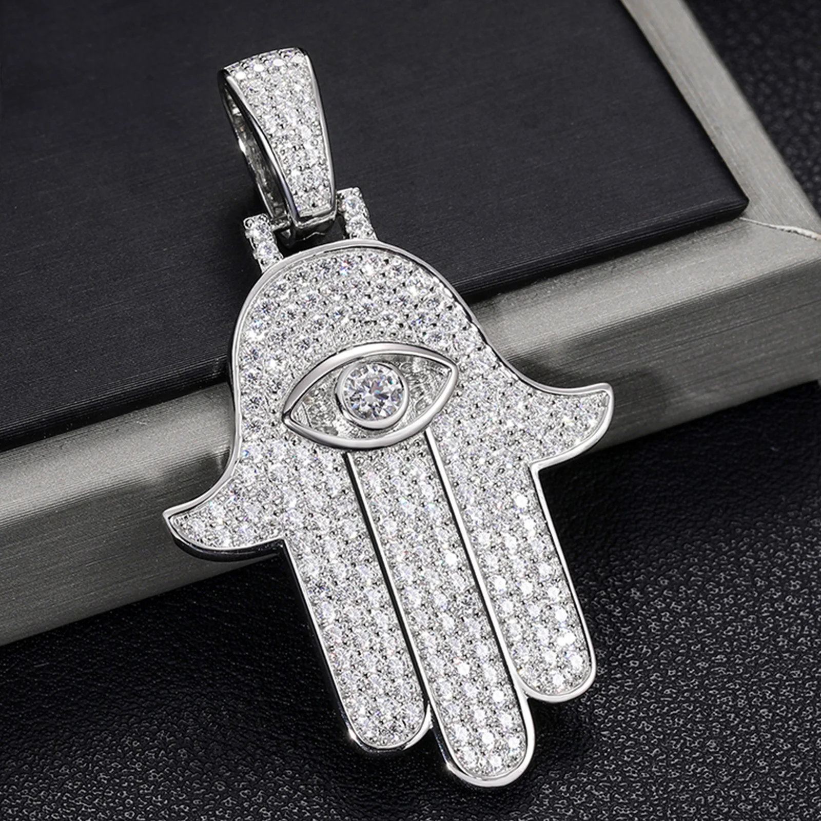 MOISSANITE DIAMOND HAMSA HAND PENDANT IN STERLING SILVER - Image 2