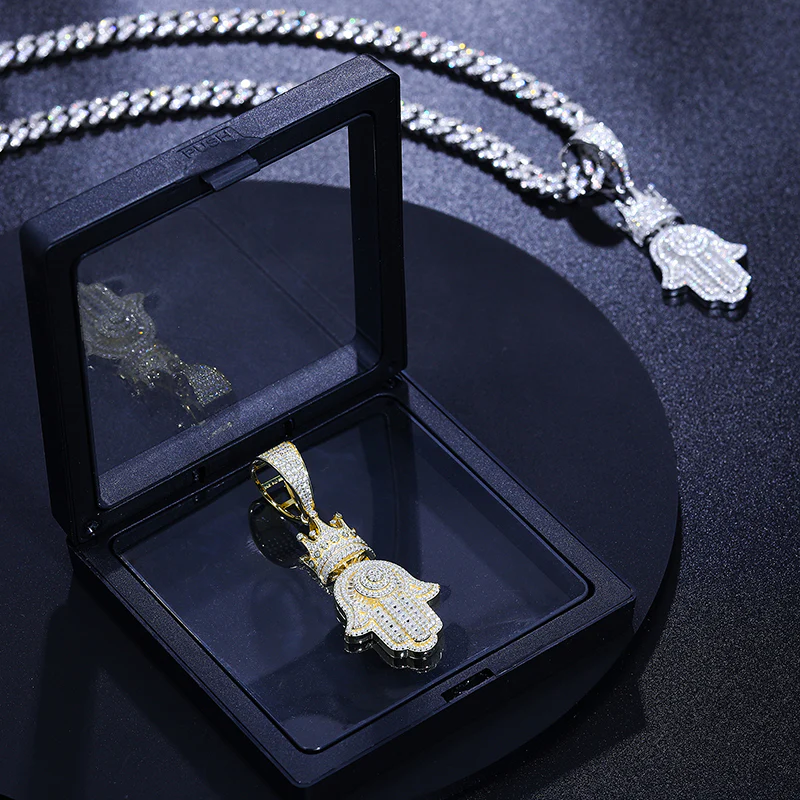 MOISSANITE DIAMOND HAMSA HAND PENDANT IN STERLING SILVER {STYLE 2} - Image 3