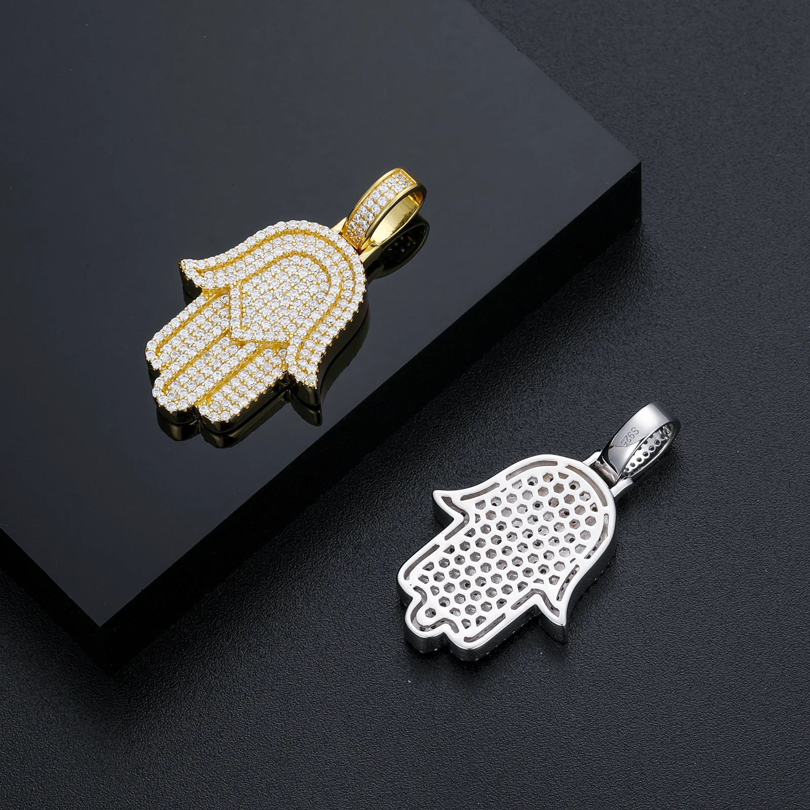 MOISSANITE DIAMOND HAMSA HAND PENDANT IN STERLING SILVER {STYLE 3} - Image 3