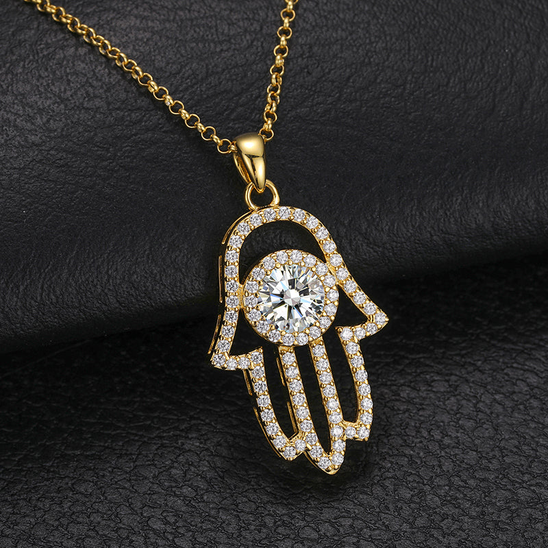 MOISSANITE DIAMOND HAMSA HAND PENDANT NECKLACE IN STERLING SILVER - Image 3