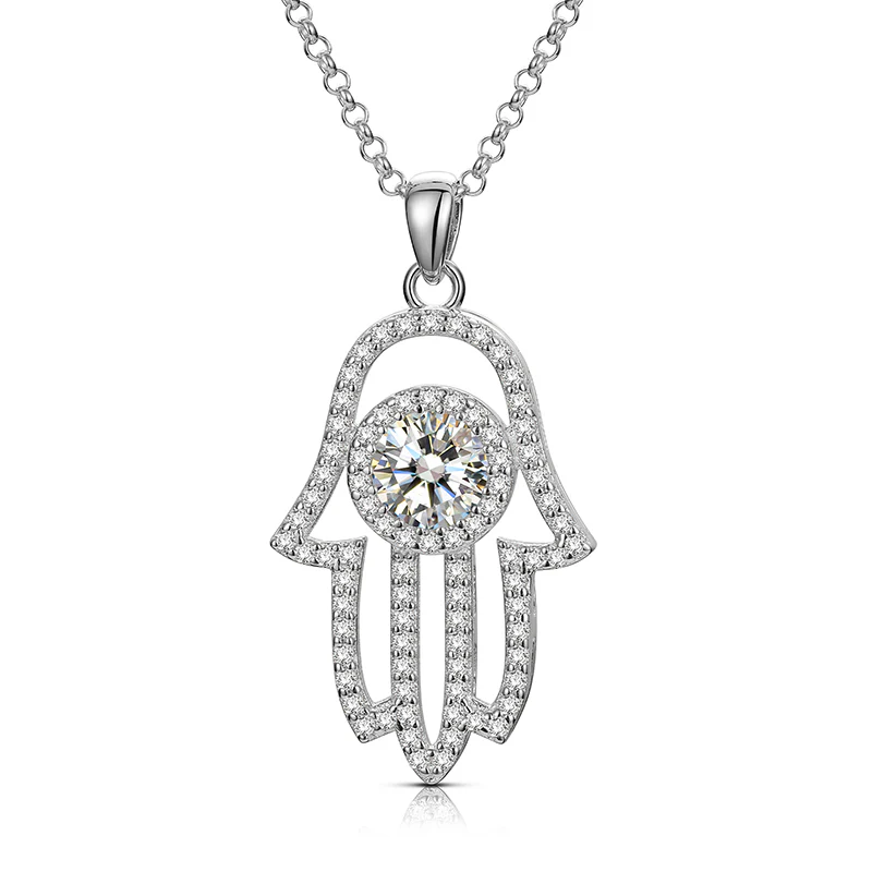 MOISSANITE DIAMOND HAMSA HAND PENDANT NECKLACE IN STERLING SILVER - Image 4