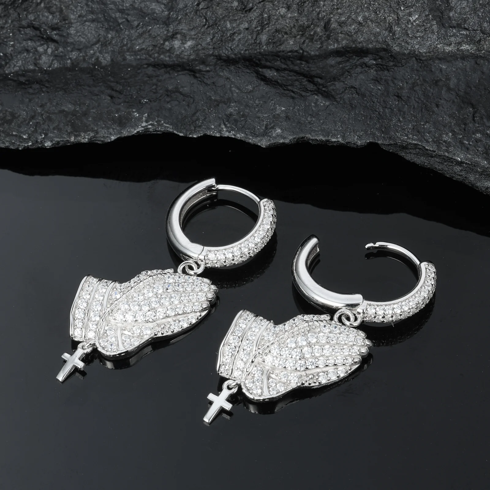 MOISSANITE DIAMOND HAND CROSS DROP EARRINGS IN STERLING SILVER - Image 3