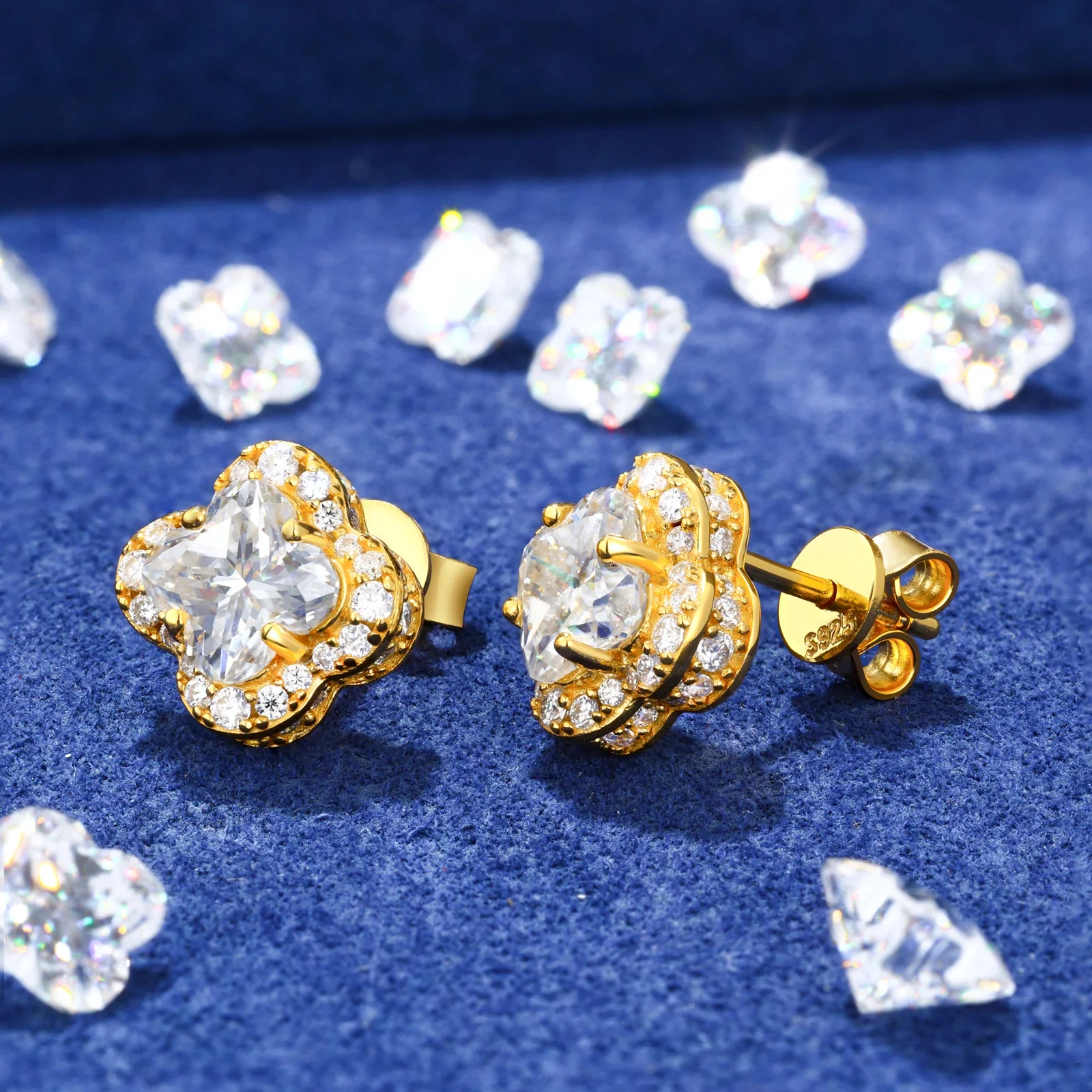 MOISSANITE DIAMOND ICE OUT FOUR LEAF CLOVER EARRINGS IN STERLING SILVER - Image 2
