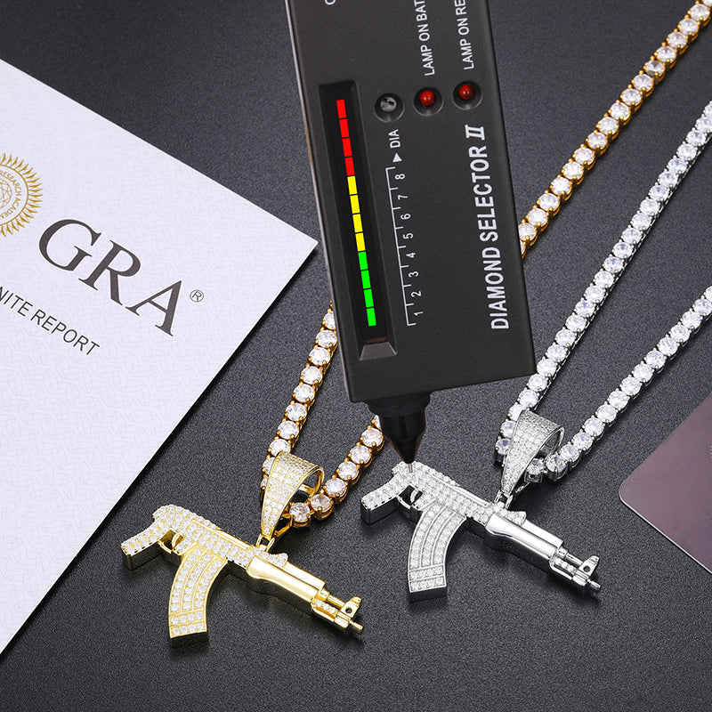 MOISSANITE DIAMOND ICED OUT AK47 GUN PENDANT IN STERLING SILVER - Image 4