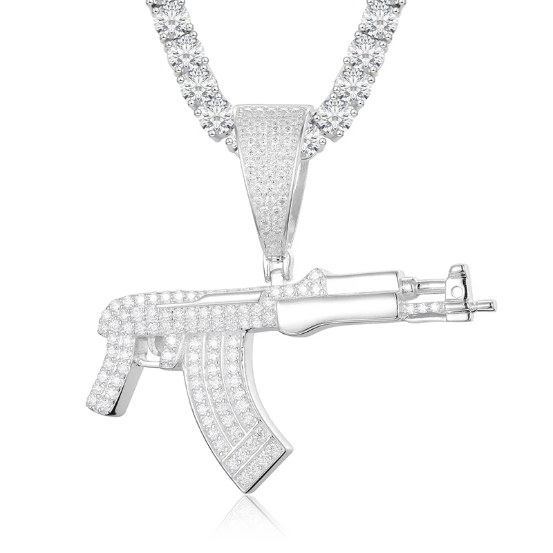 MOISSANITE DIAMOND ICED OUT AK47 GUN PENDANT IN STERLING SILVER - Image 5