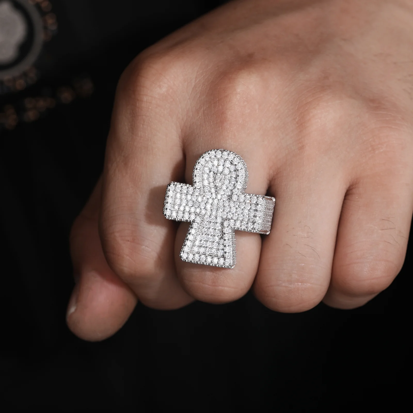 MOISSANITE DIAMOND ICED OUT ANKH CROSS RING IN STERLING SILVER - Image 2
