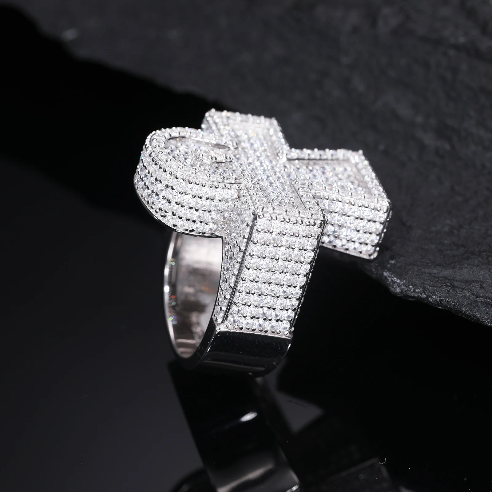 MOISSANITE DIAMOND ICED OUT ANKH CROSS RING IN STERLING SILVER - Image 3