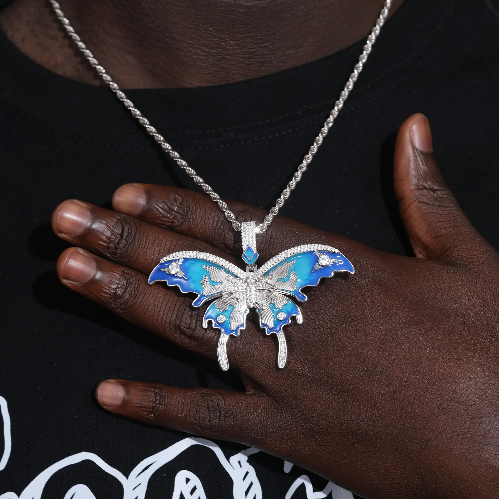 MOISSANITE DIAMOND ENAMEL BLUE BUTTERFLY PENDANT IN STERLING SILVER - Image 2