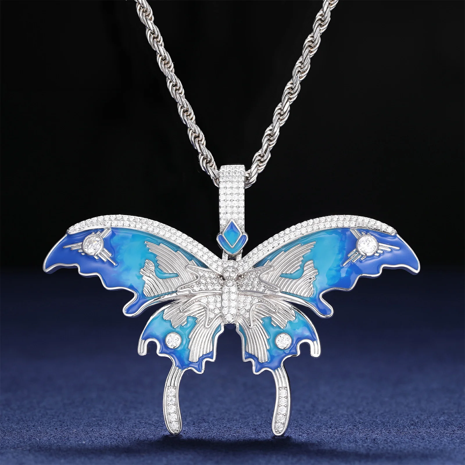 MOISSANITE DIAMOND ENAMEL BLUE BUTTERFLY PENDANT IN STERLING SILVER - Image 3