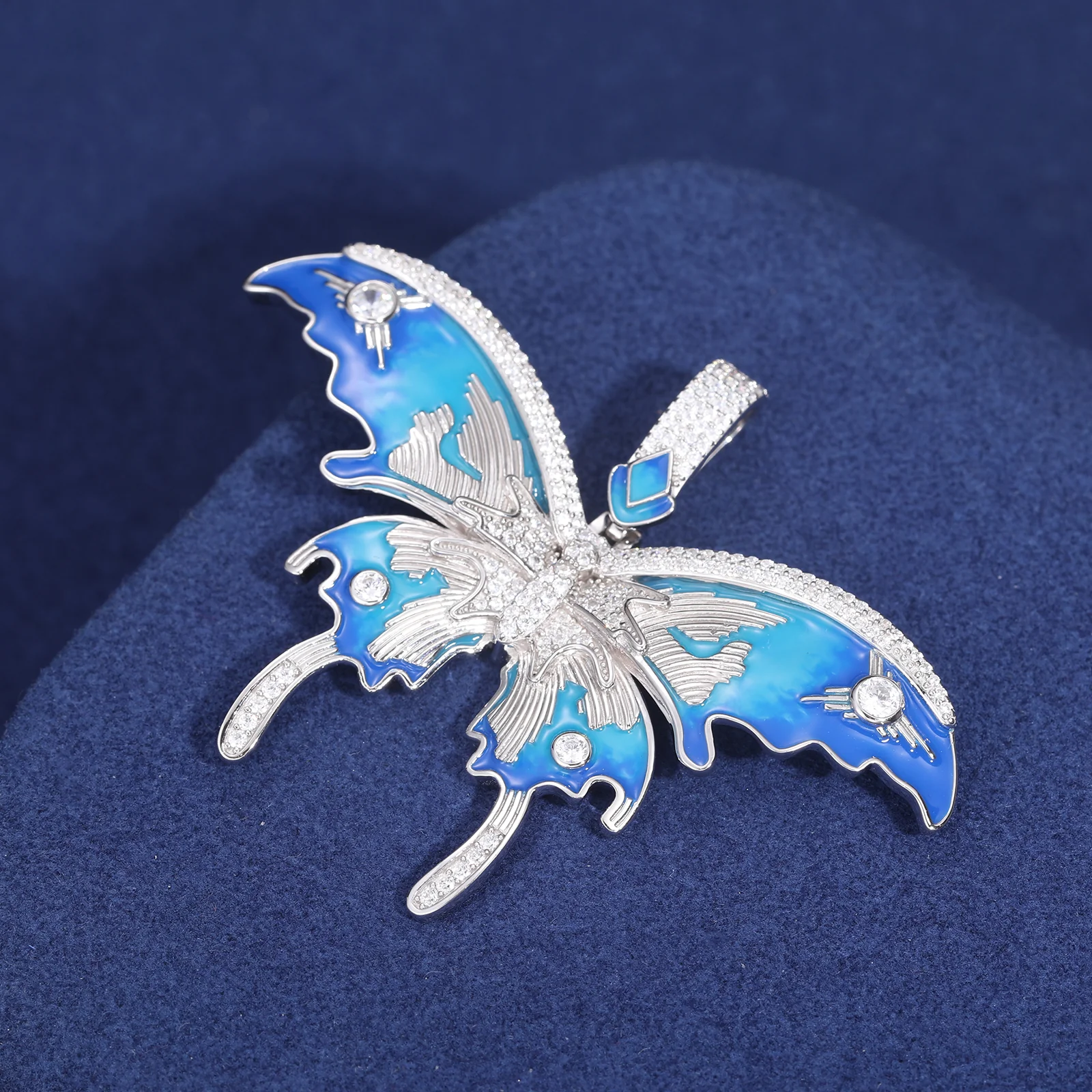 MOISSANITE DIAMOND ENAMEL BLUE BUTTERFLY PENDANT IN STERLING SILVER - Image 4