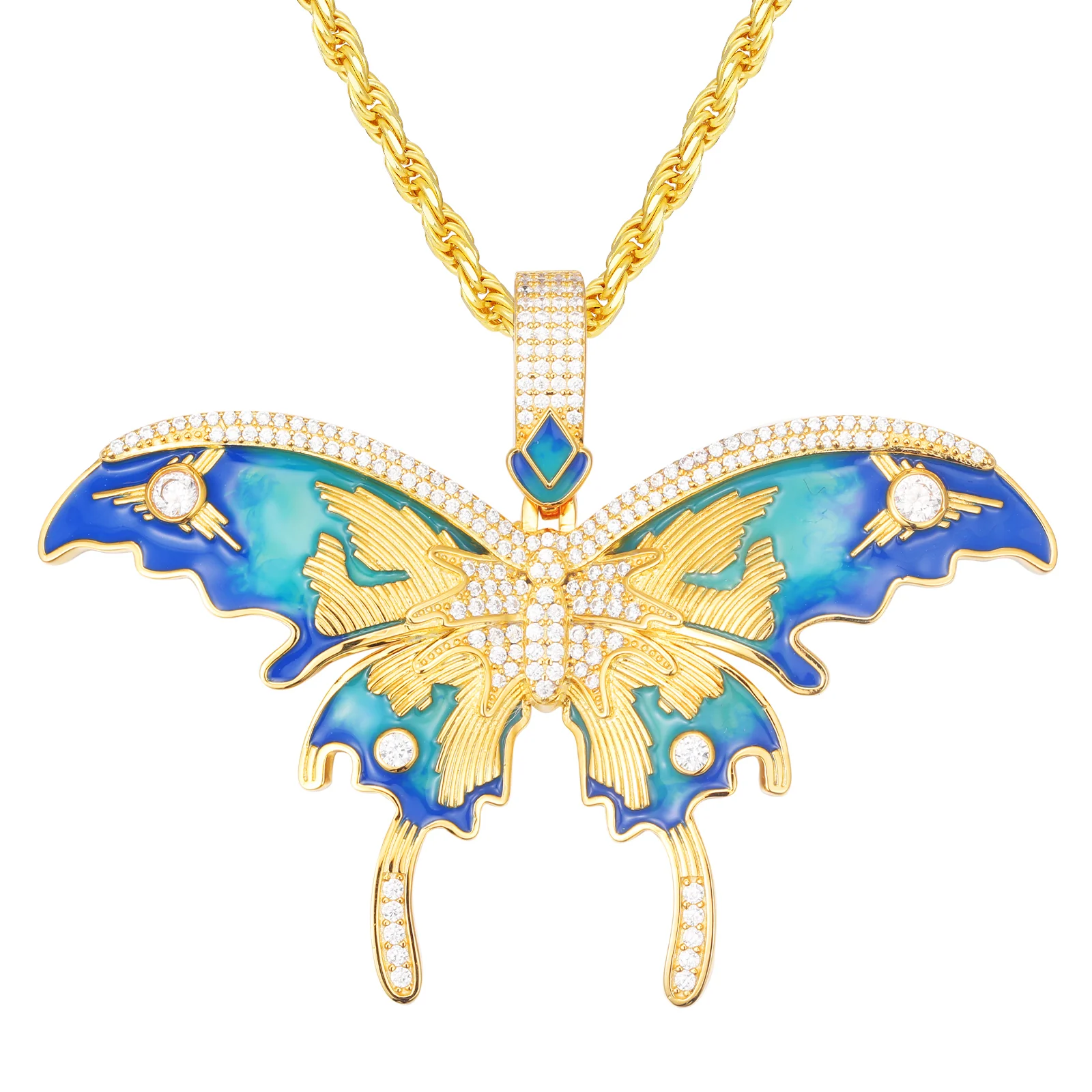 MOISSANITE DIAMOND ENAMEL BLUE BUTTERFLY PENDANT IN STERLING SILVER - Image 5