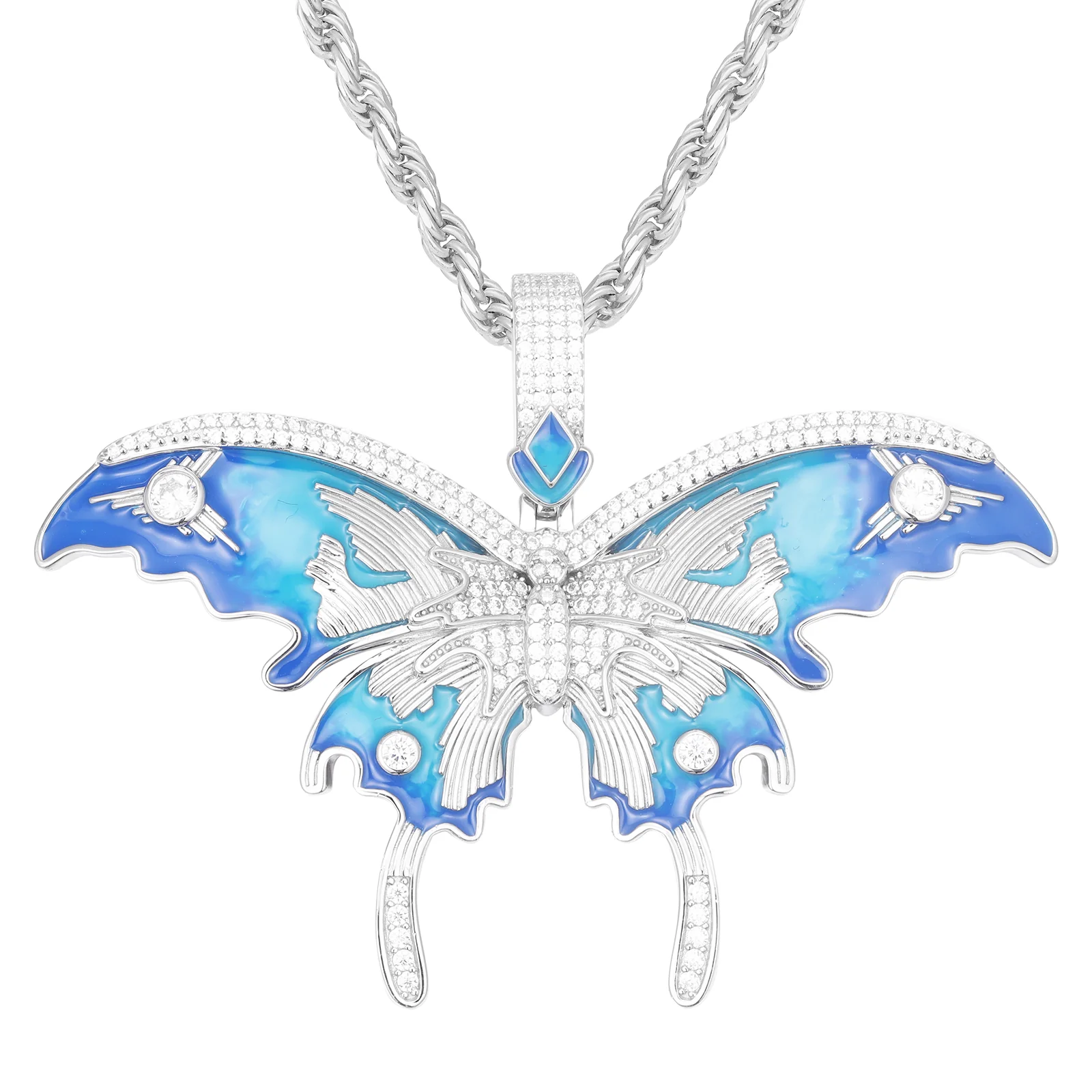MOISSANITE DIAMOND ENAMEL BLUE BUTTERFLY PENDANT IN STERLING SILVER - Image 6