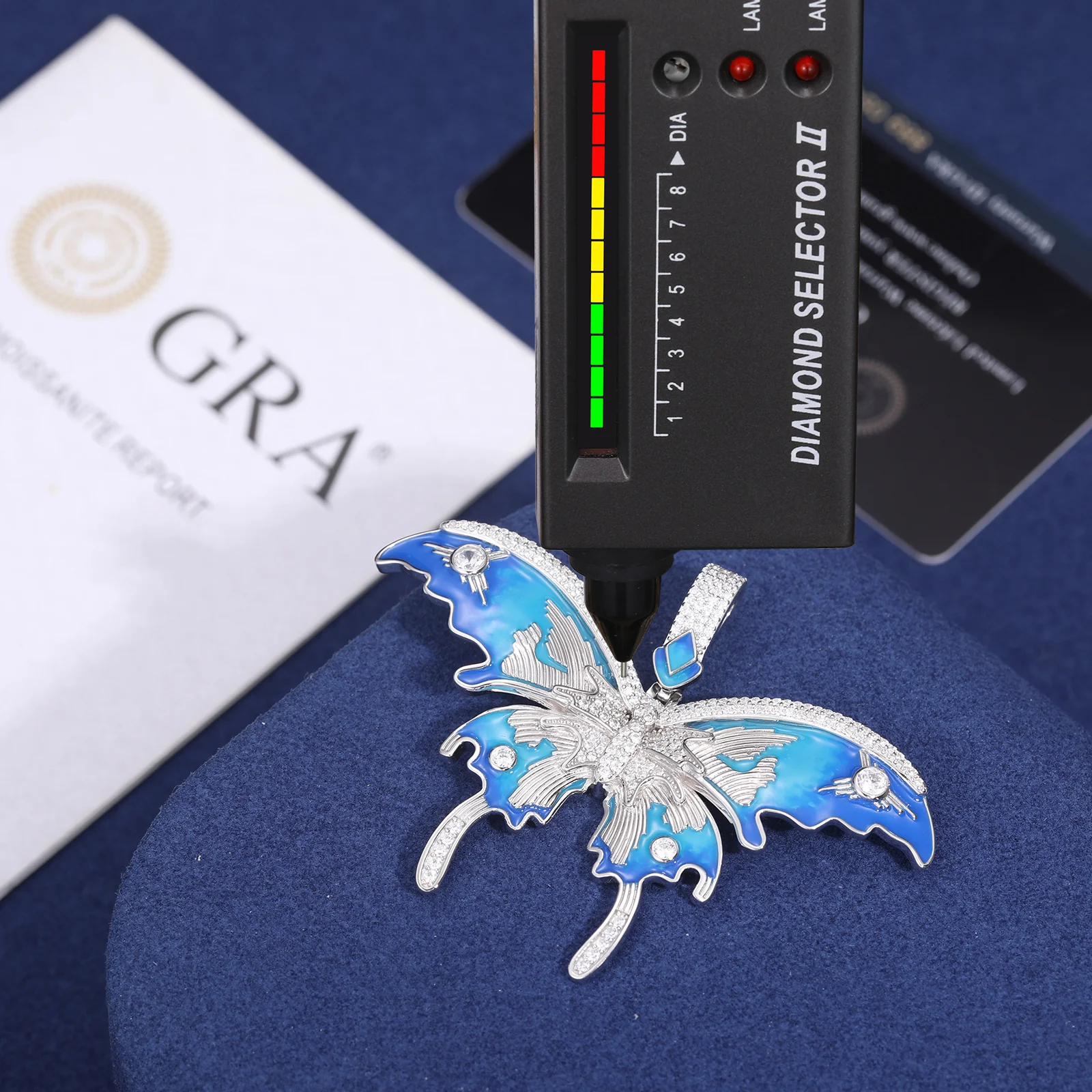 MOISSANITE DIAMOND ENAMEL BLUE BUTTERFLY PENDANT IN STERLING SILVER - Image 7