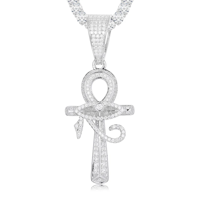 MOISSANITE DIAMOND EVIL EYE ANKH CROSS PENDANT IN STERLING SILVER - Image 6