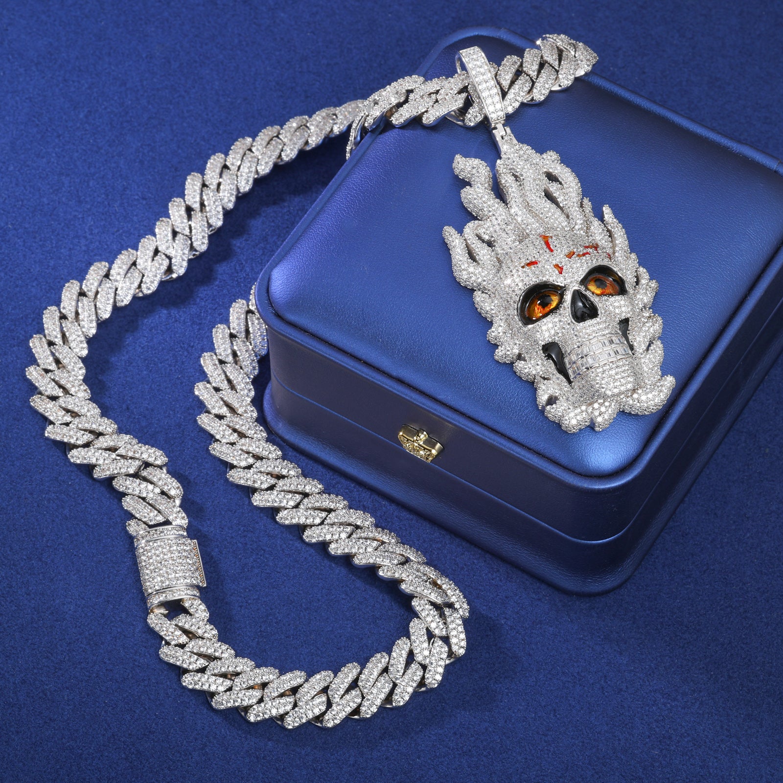 MOISSANITE DIAMOND ICED OUT FIRE SKULL PENDANT IN STERLING SILVER - Image 2