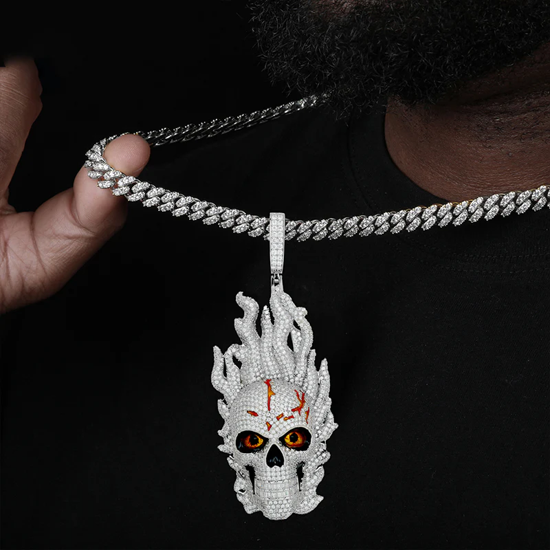 MOISSANITE DIAMOND ICED OUT FIRE SKULL PENDANT IN STERLING SILVER - Image 3