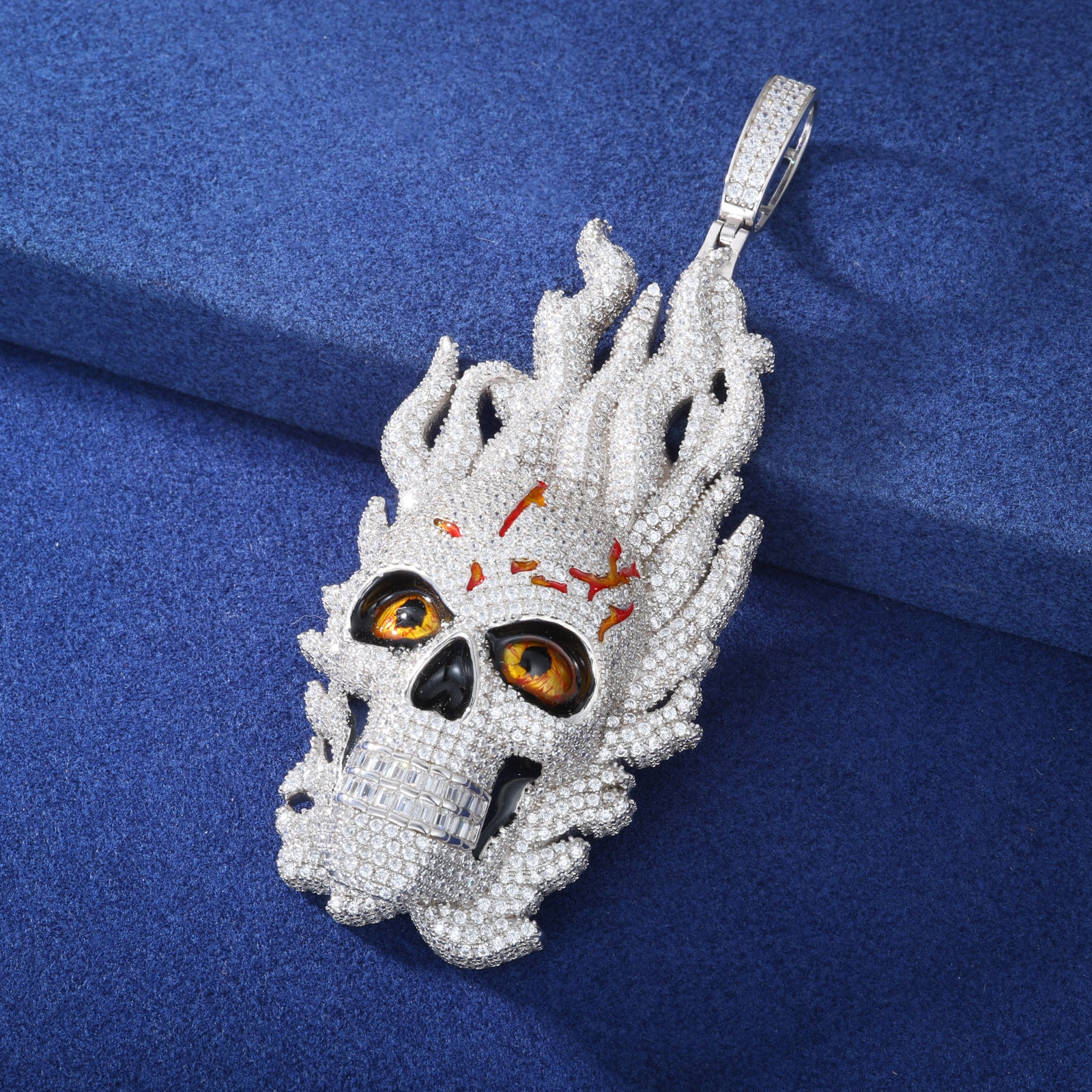 MOISSANITE DIAMOND ICED OUT FIRE SKULL PENDANT IN STERLING SILVER - Image 4