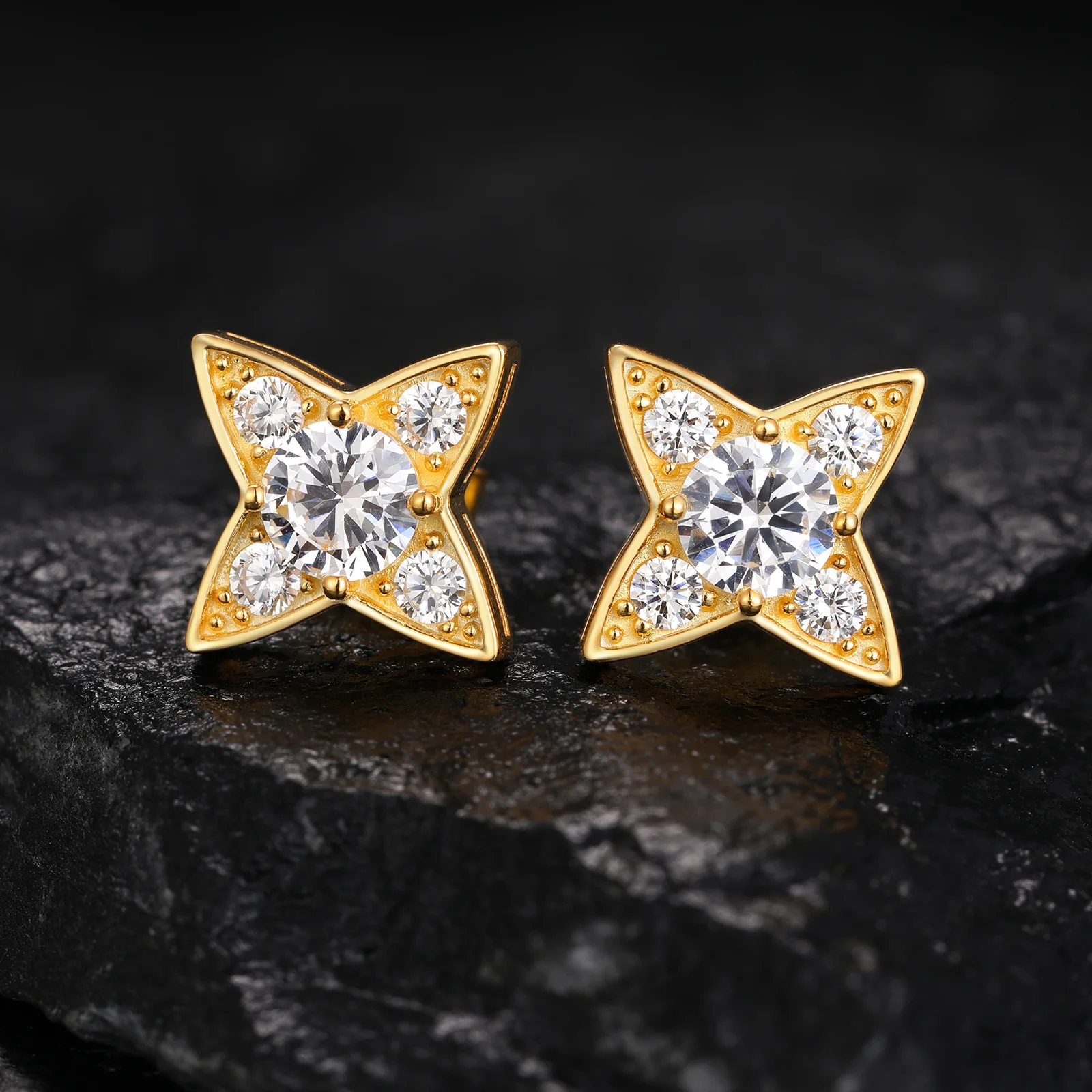 MOISSANITE DIAMOND ICED OUT FOUR POINTED STAR STUD EARRINGS IN STERLING SILVER - Image 3