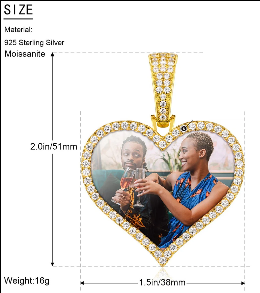MOISSANITE DIAMOND HEART CUSTOM PHOTO PENDANT IN STERLING SILVER - Image 9