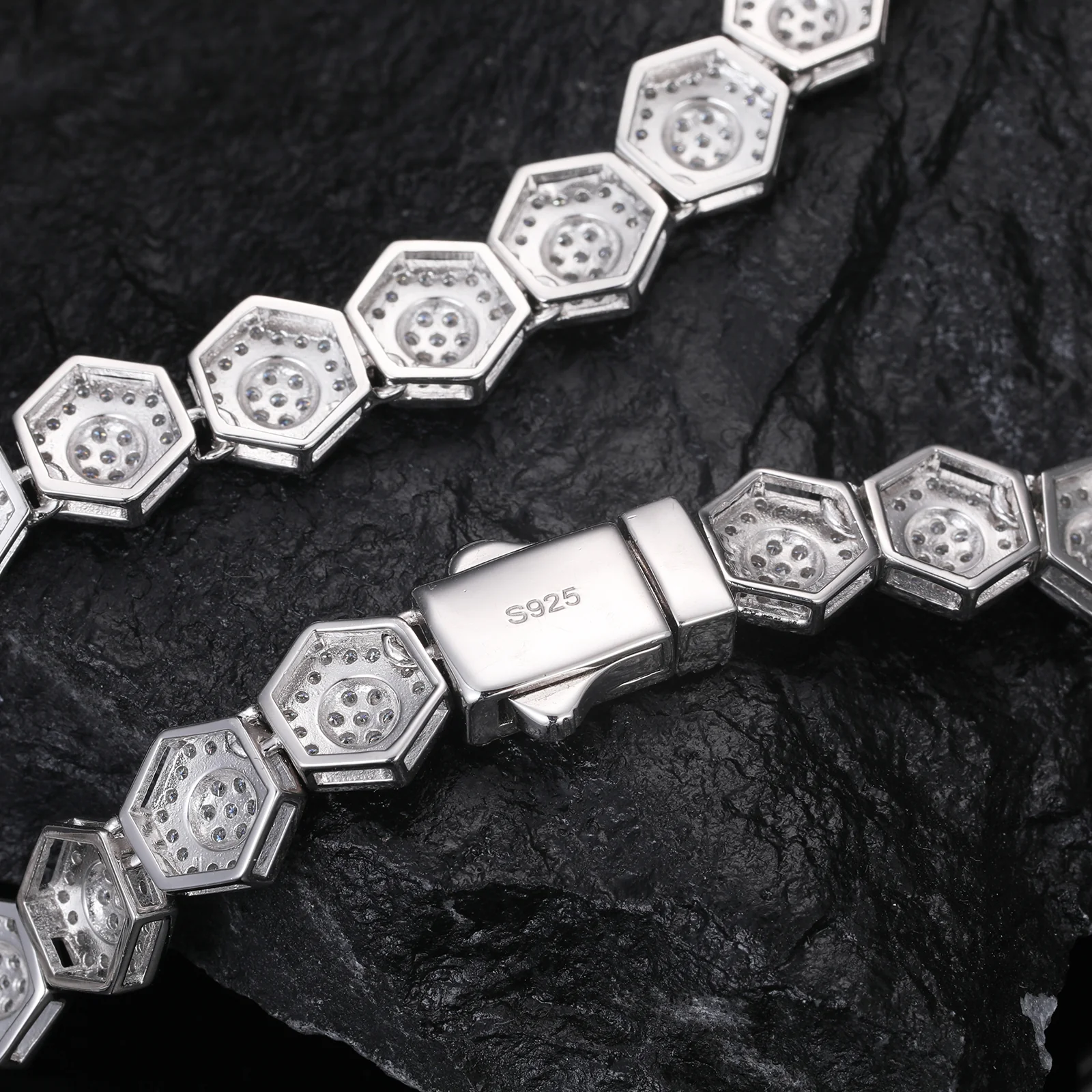 MOISSANITE DIAMOND ICED OUT HEXAGON LINK CHAIN OR BRACELET IN STERLING SILVER - Image 3