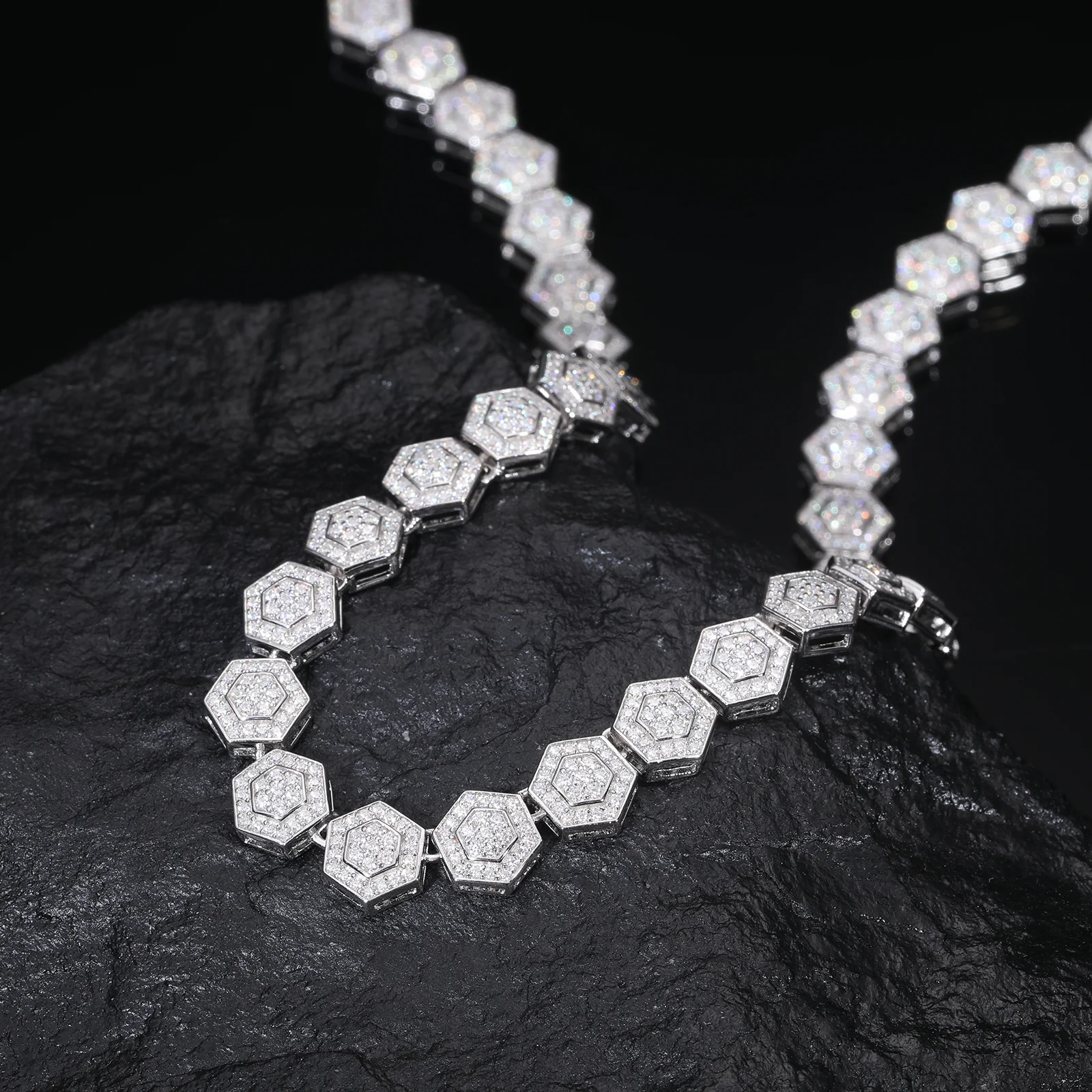 MOISSANITE DIAMOND ICED OUT HEXAGON LINK CHAIN OR BRACELET IN STERLING SILVER - Image 4