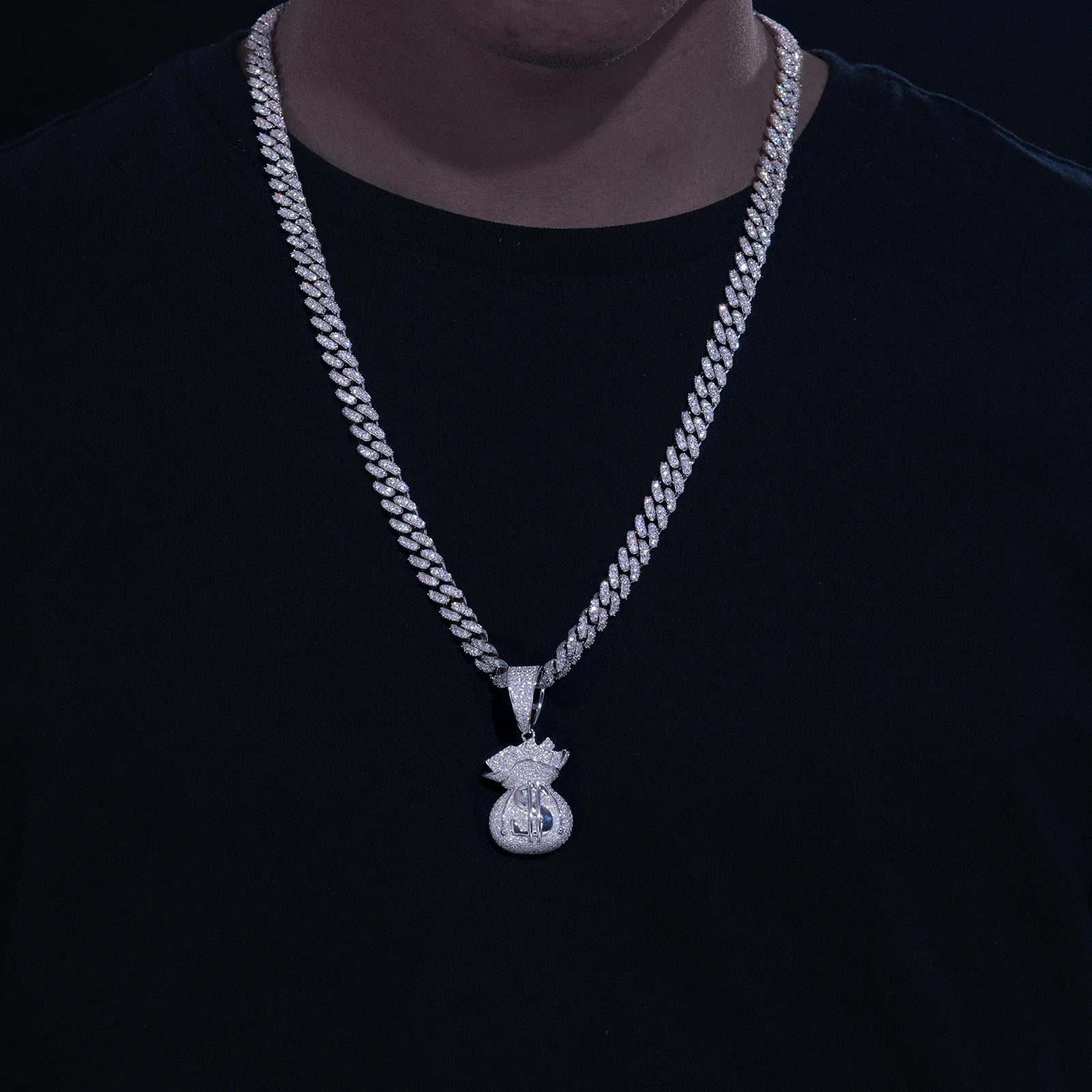 MOISSANITE DIAMOND MONEY BAG PENDANT IN STERLING SILVER - Image 3