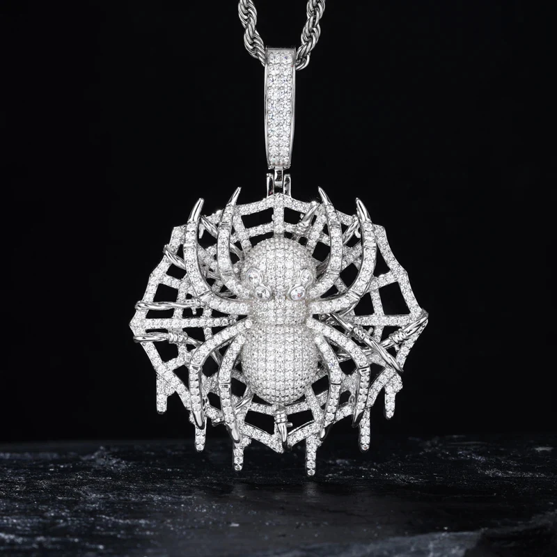 MOISSANITE DIAMOND ICED OUT SPIDER WEB PENDANT IN STERLING SILVER - Image 2
