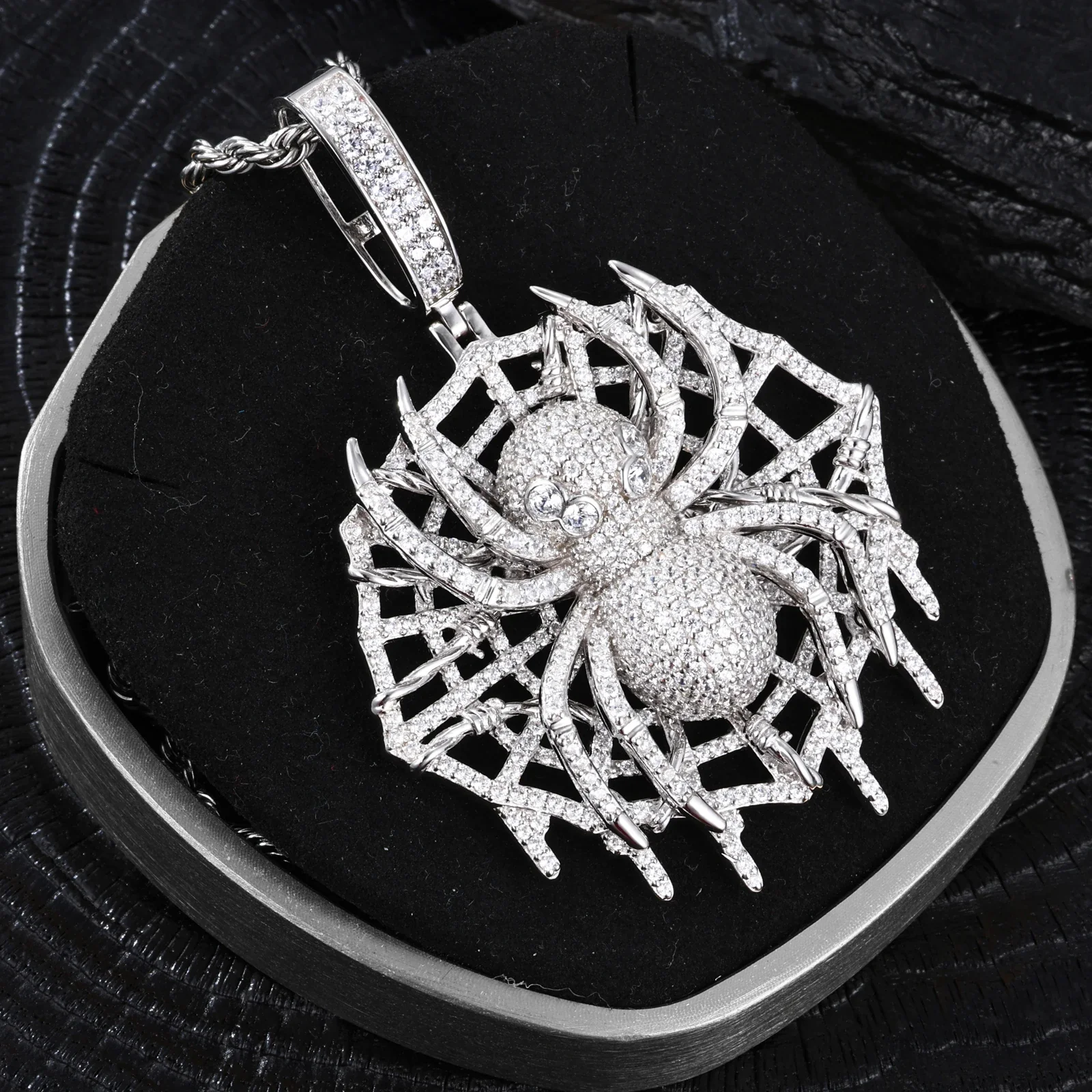 MOISSANITE DIAMOND ICED OUT SPIDER WEB PENDANT IN STERLING SILVER - Image 3