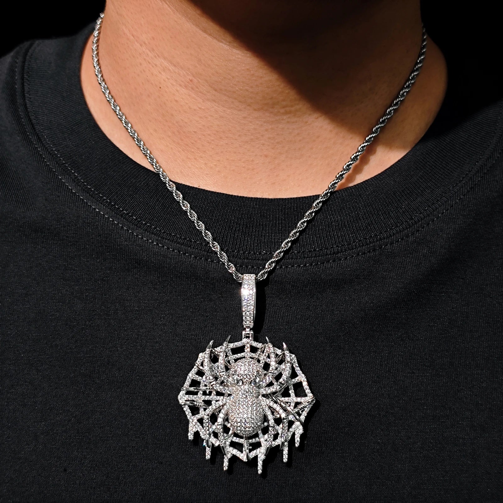 MOISSANITE DIAMOND ICED OUT SPIDER WEB PENDANT IN STERLING SILVER - Image 5