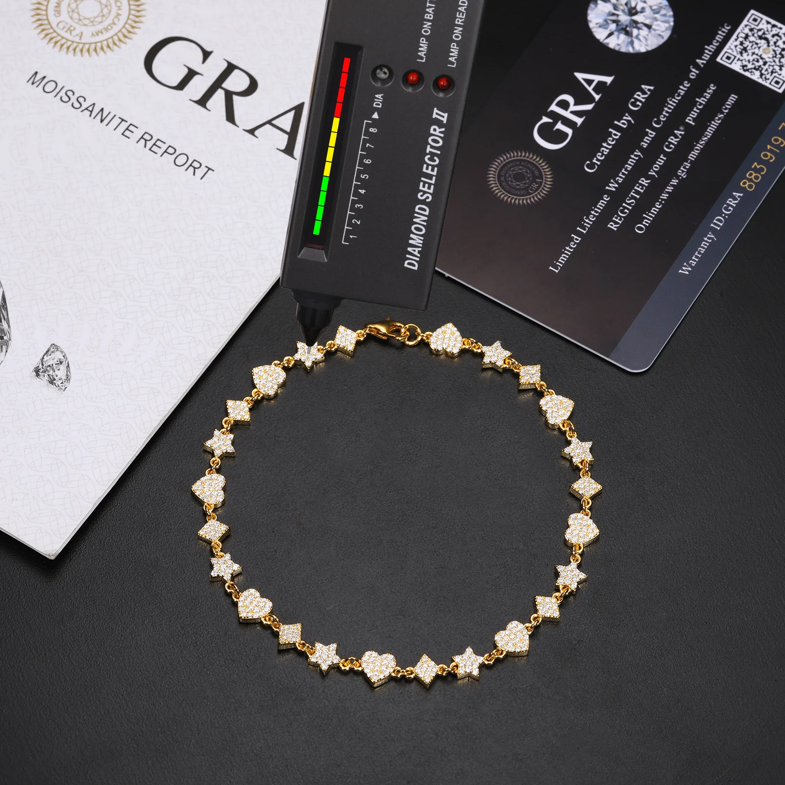 MOISSANITE DIAMOND STAR HEART RHOMBUS MOTIF TENNIS BRACELET IN STERLING SILVER - Image 9