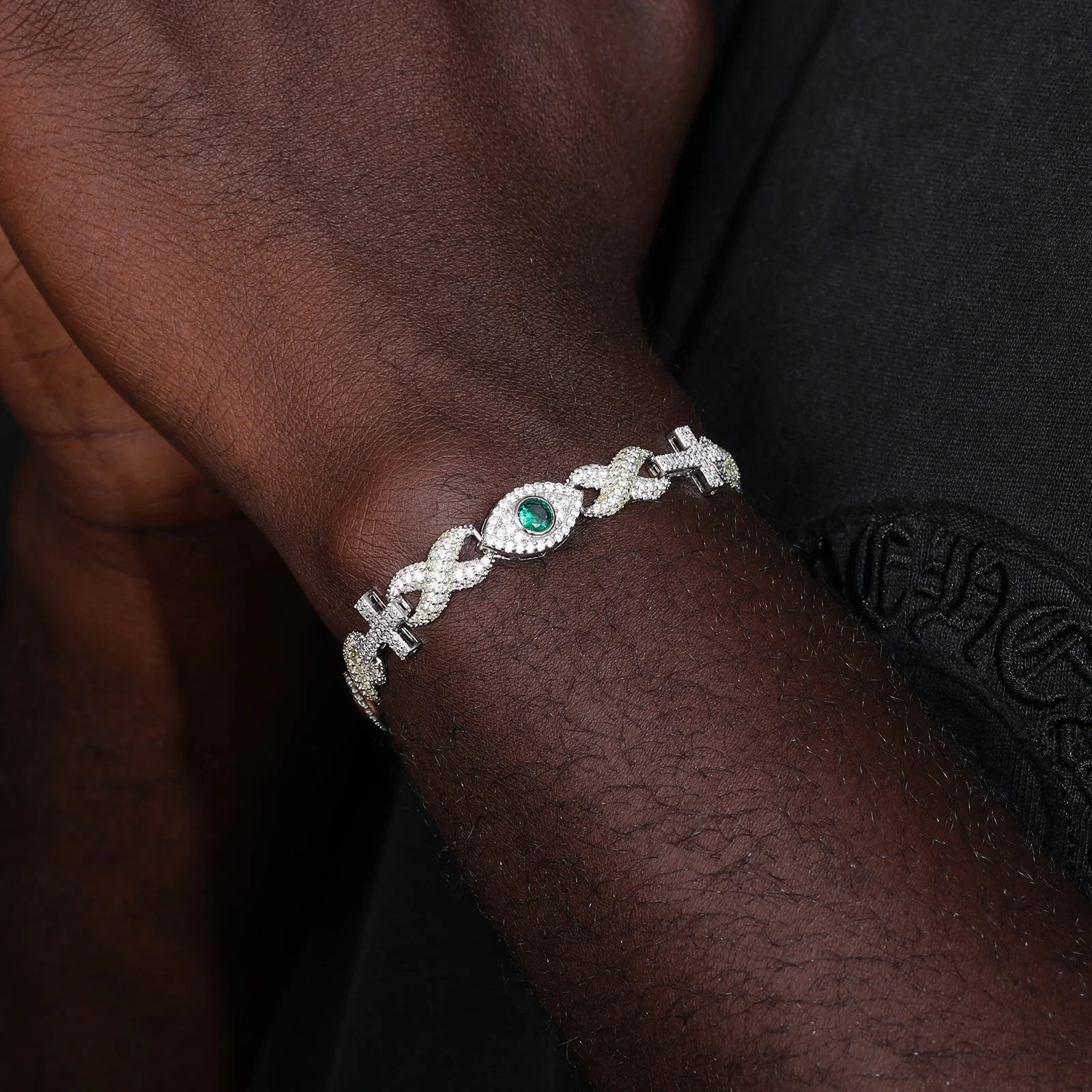 MOISSANITE DIAMOND INFINITY CROSS EVIL EYE CUBAN LINK BRACELET IN STERLING SILVER - Image 2