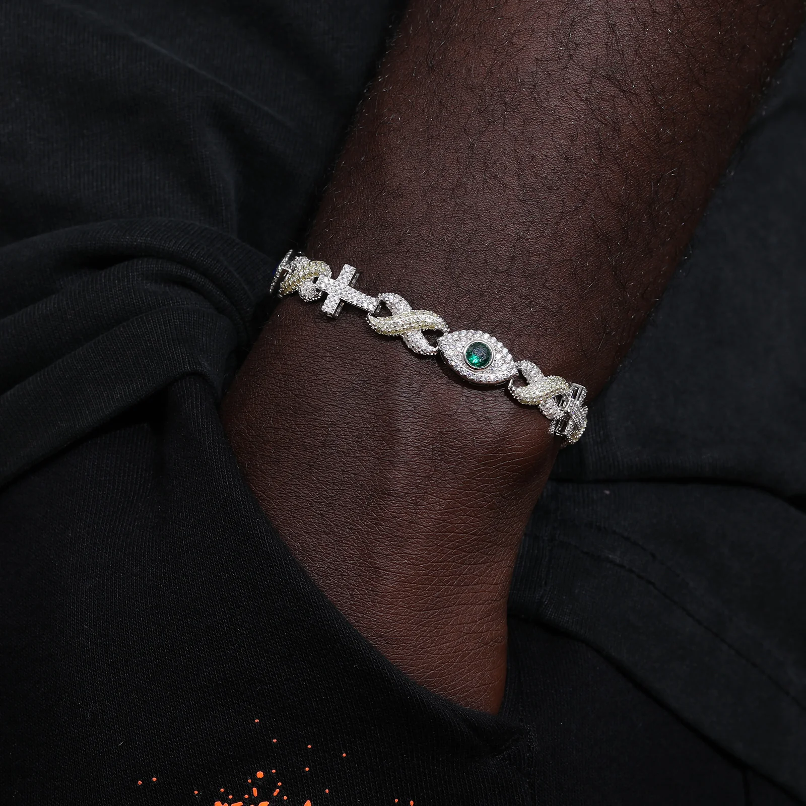 MOISSANITE DIAMOND INFINITY CROSS EVIL EYE CUBAN LINK BRACELET IN STERLING SILVER - Image 3