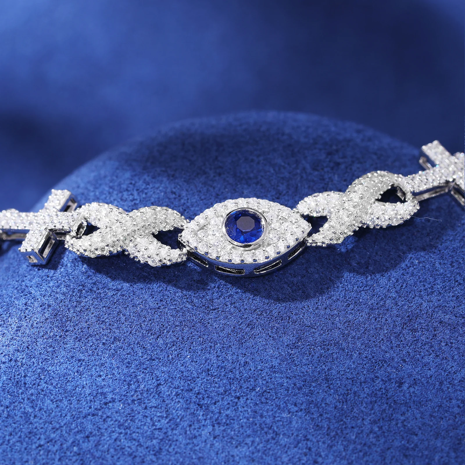 MOISSANITE DIAMOND INFINITY CROSS EVIL EYE CUBAN LINK BRACELET IN STERLING SILVER - Image 4