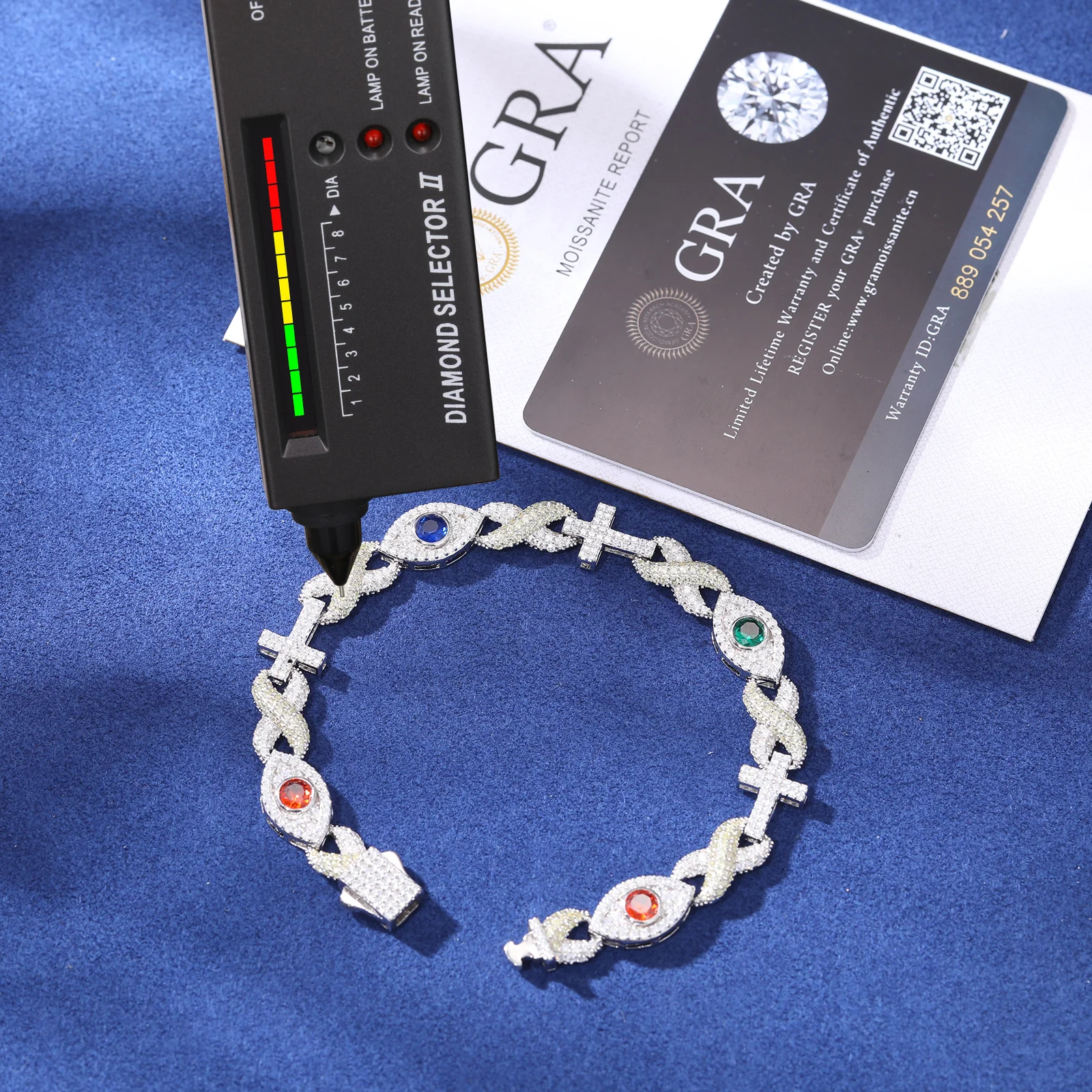 MOISSANITE DIAMOND INFINITY CROSS EVIL EYE CUBAN LINK BRACELET IN STERLING SILVER - Image 5