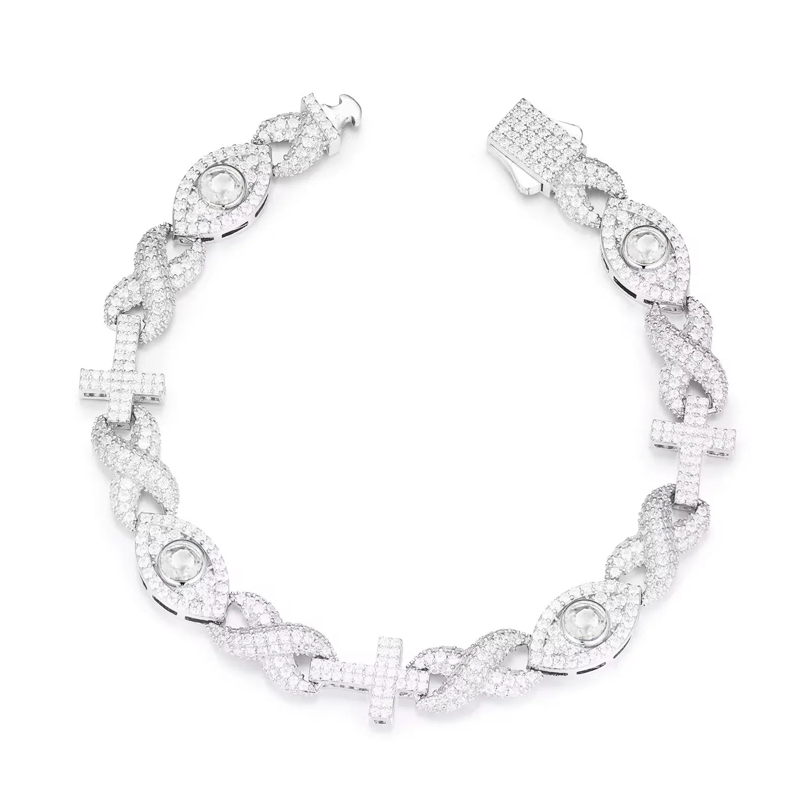 MOISSANITE DIAMOND INFINITY CROSS EVIL EYE CUBAN LINK BRACELET IN STERLING SILVER - Image 6