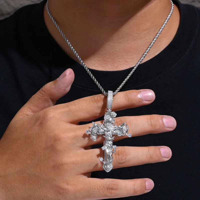 MOISSANITE DIAMOND JESUS CRUCIFIX CROSS PENDANT IN STERLING SILVER - Image 2