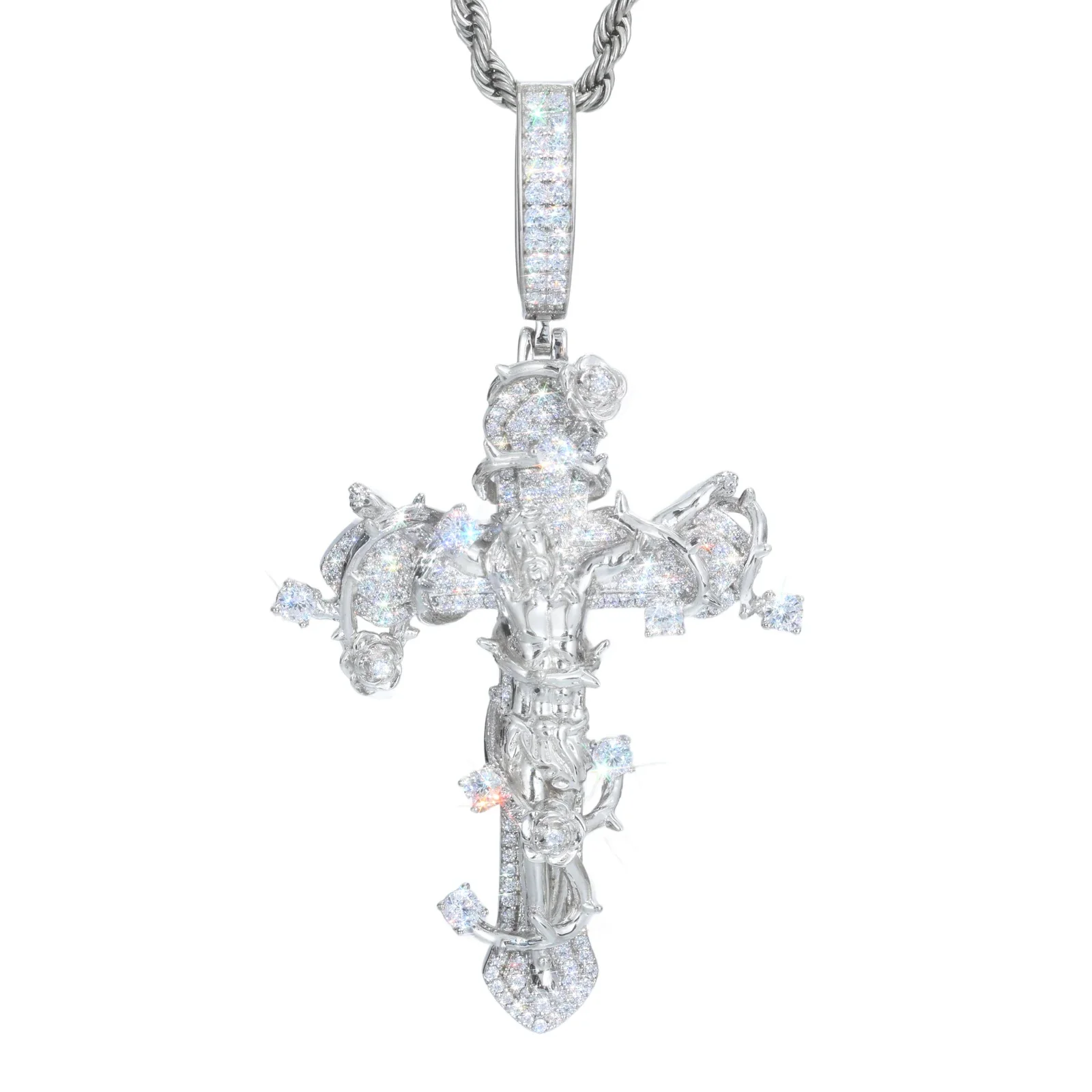MOISSANITE DIAMOND JESUS CRUCIFIX CROSS PENDANT IN STERLING SILVER - Image 6