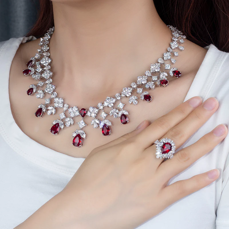 MOISSANITE AND LAB GROWN RUBY NECKLACE RING EARRINGS JEWELRY SET IN STERLING SILVER - Image 3