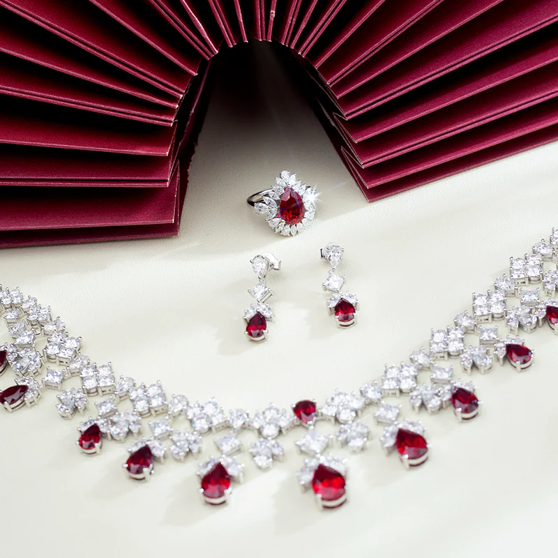 MOISSANITE AND LAB GROWN RUBY NECKLACE RING EARRINGS JEWELRY SET IN STERLING SILVER - Image 4