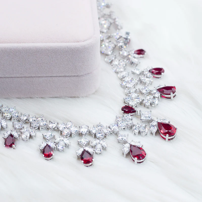 MOISSANITE AND LAB GROWN RUBY NECKLACE RING EARRINGS JEWELRY SET IN STERLING SILVER - Image 5