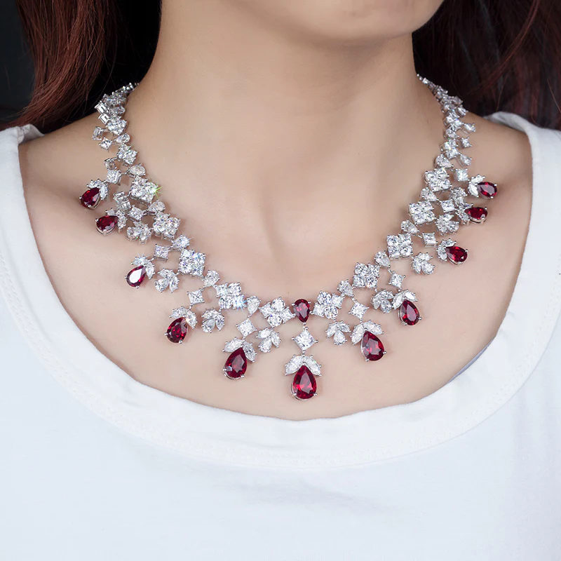 MOISSANITE AND LAB GROWN RUBY NECKLACE RING EARRINGS JEWELRY SET IN STERLING SILVER - Image 6