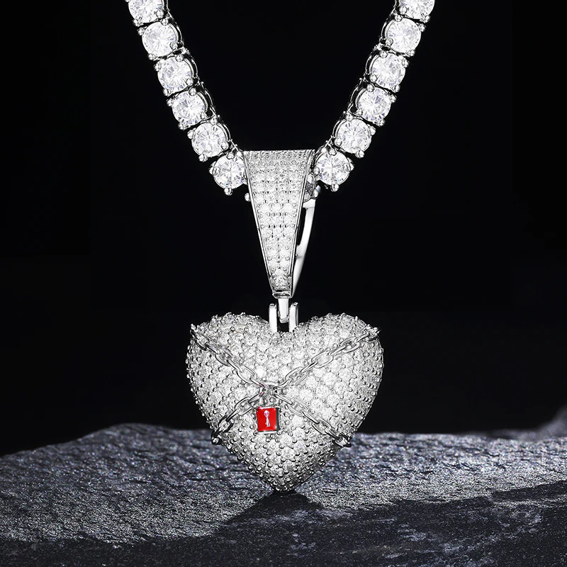 MOISSANITE DIAMOND LOCK HEART PENDANT IN STERLING SILVER - Image 2