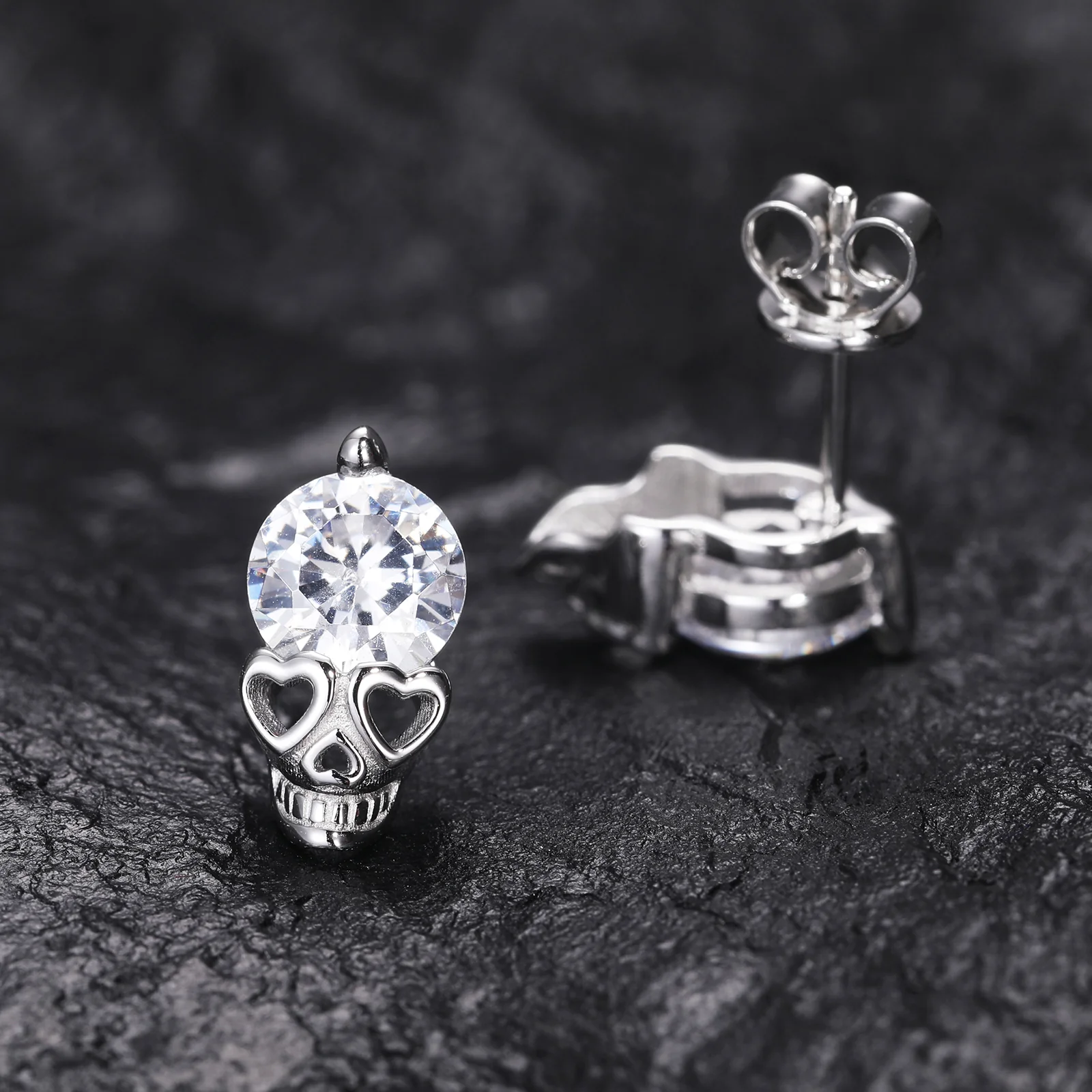 MOISSANITE DIAMOND LOVE HEART GHOST SKULL STUD EARRING IN STERLING SILVER - Image 2