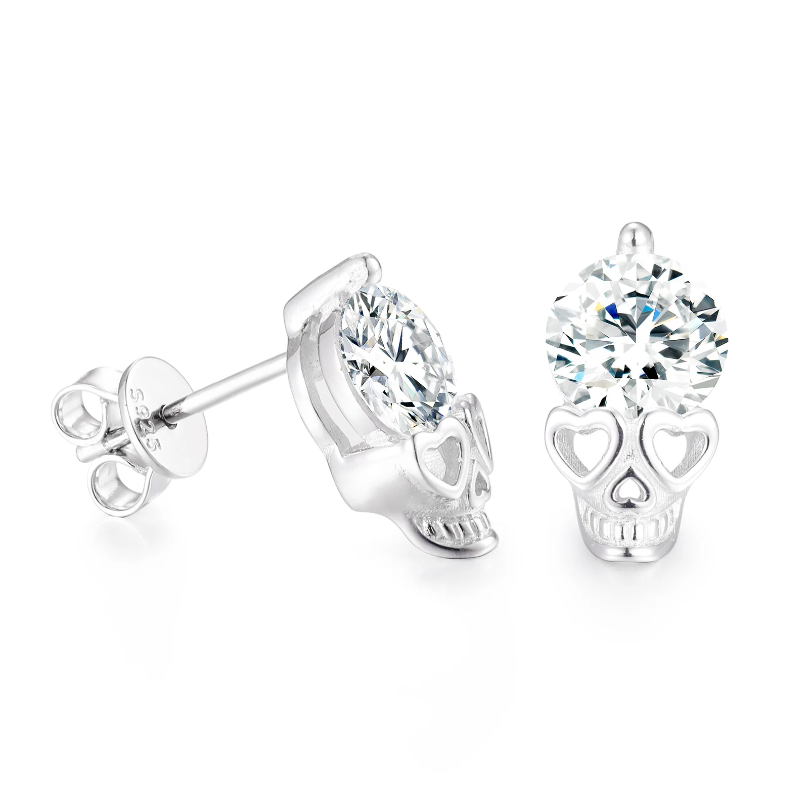 MOISSANITE DIAMOND LOVE HEART GHOST SKULL STUD EARRING IN STERLING SILVER - Image 4